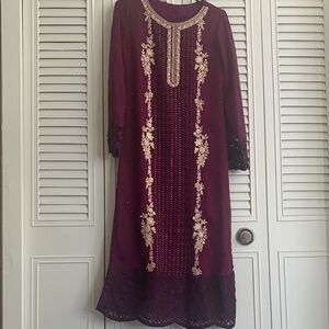 Embroidered Burgundy Women's Dress